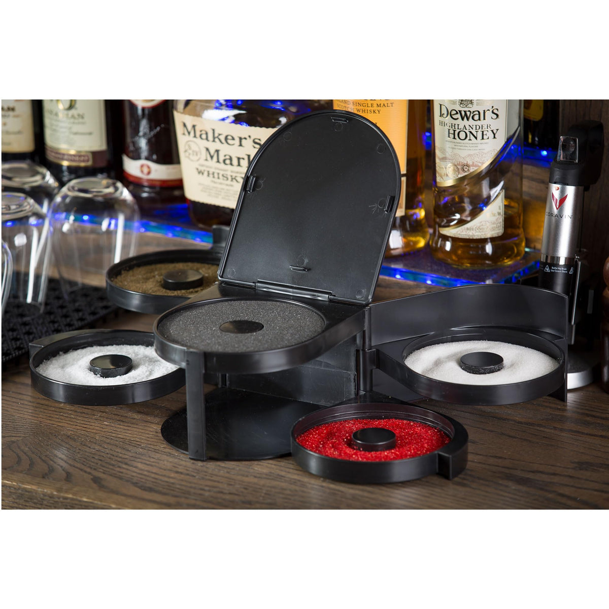 Tablecraft Glass Rimming Station shown with dimensions for planning a home bar setup