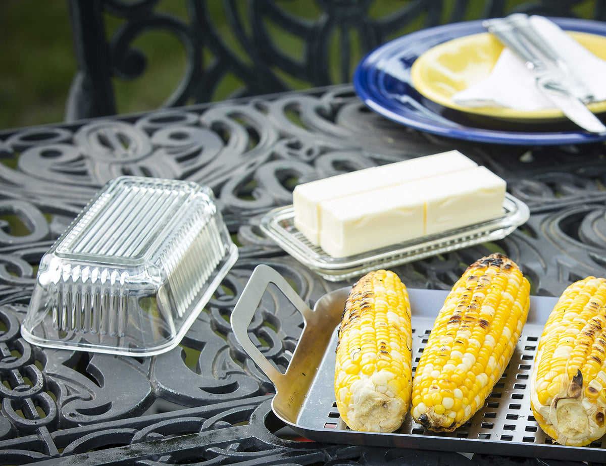 Tablecraft H122 ribbed glass butter dish showing dimensions 6-75x4x3 inches