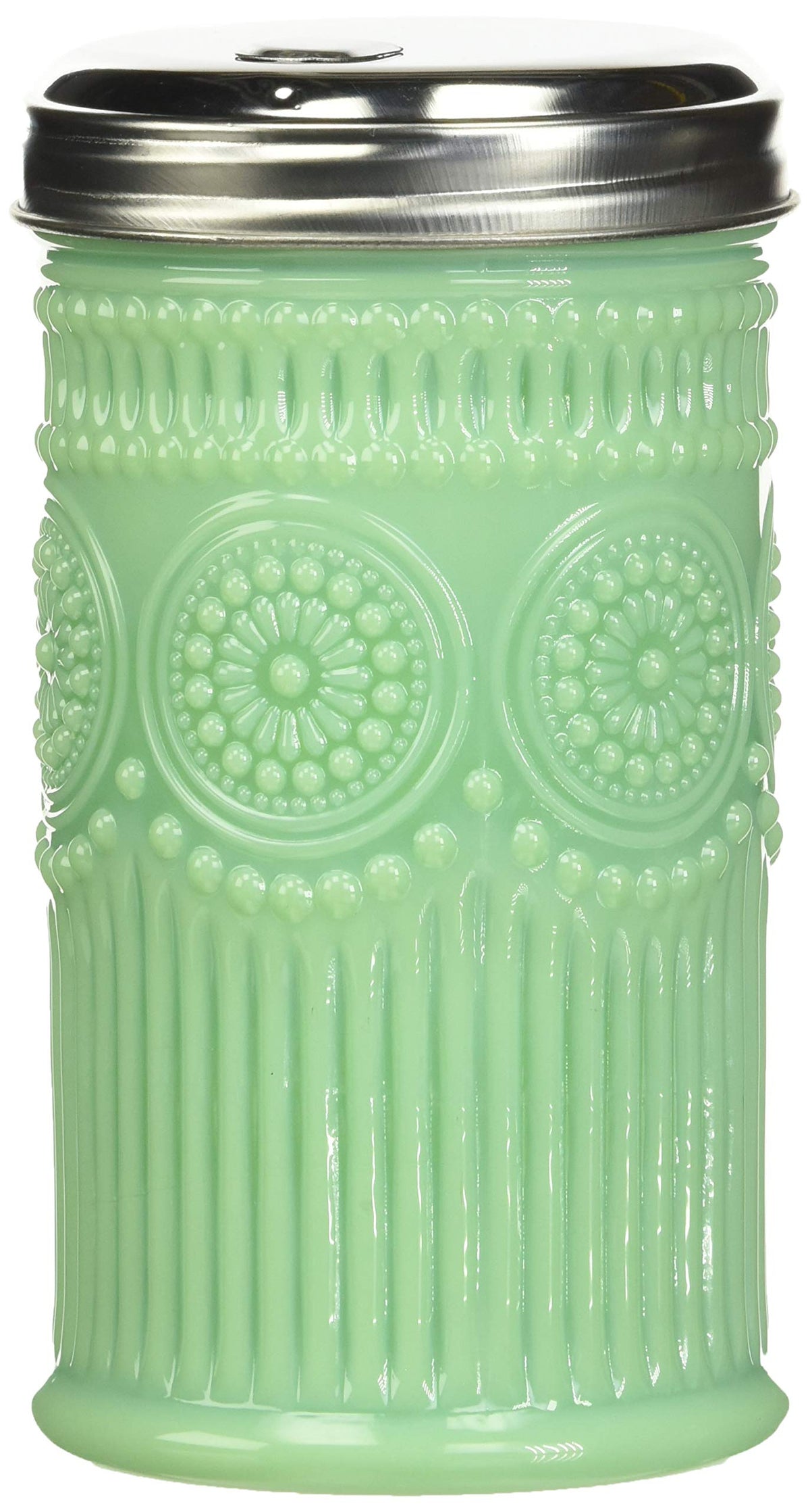 Tablecraft jadeite sugar shaker with stainless steel top for elegant table settings