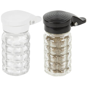 Tablecraft salt and pepper shakers with glass body and black lids, moisture-proof.
