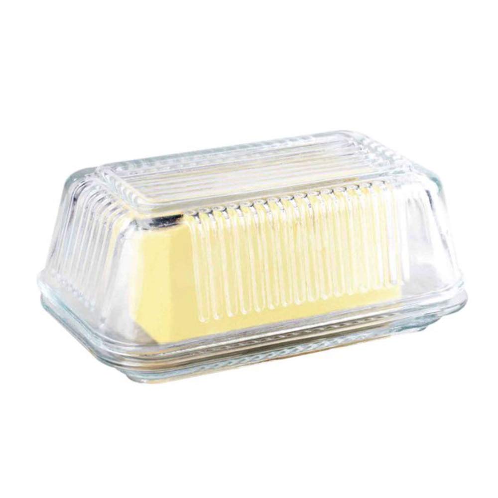 Tablecraft ribbed glass butter dish with snug lid protecting butter