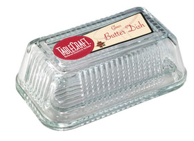 Tablecraft ribbed glass butter dish on countertop keeps butter fresh