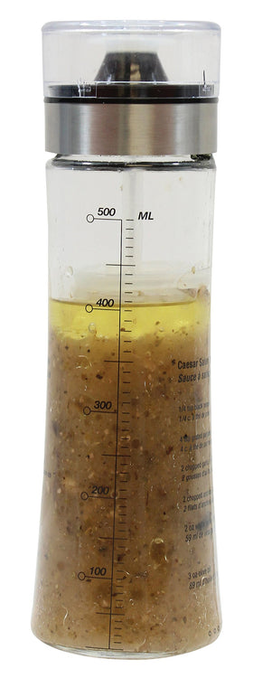 TableCraft glass dressing shaker with a precise pour spout for easy serving.