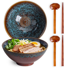 Tacuhy 40oz ramen bowl set with Peacock Tail glaze for generous portions of ramen or pho
