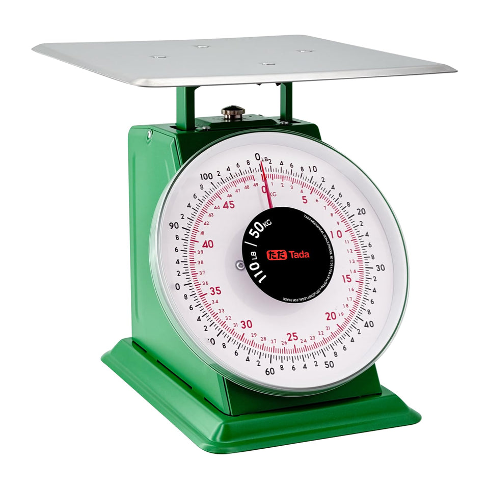 TADA 110-lb heavy-duty scale front view showing rugged steel and sturdy weighing for durable kitchens.