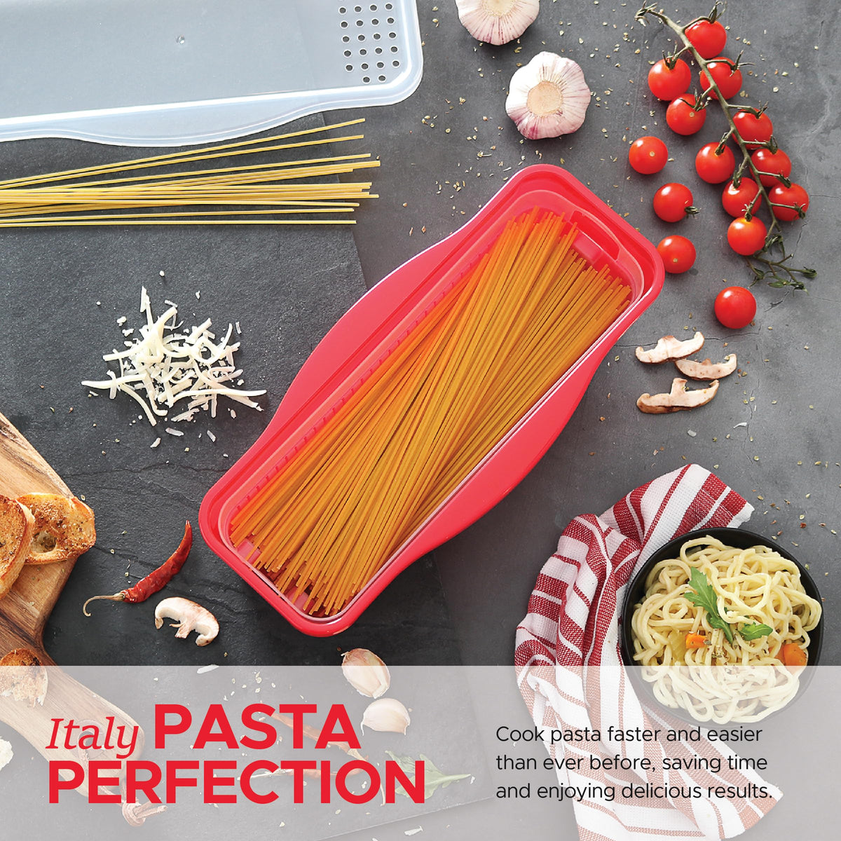 Tafura pasta cooking in microwave demonstrates no-boil convenience and quick meals.