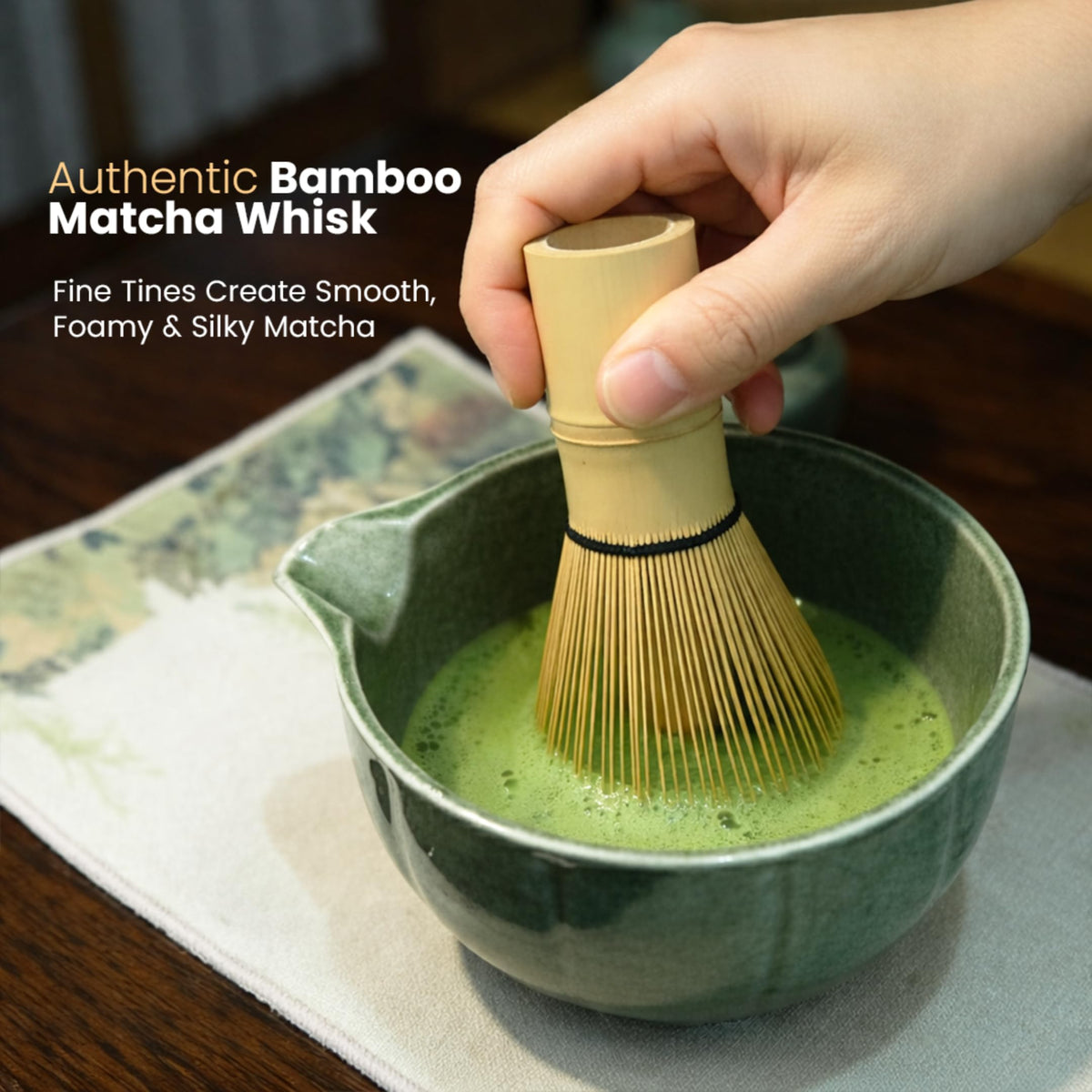 Taiba Essentials bamboo scoop with holder for accurate powder measurement.