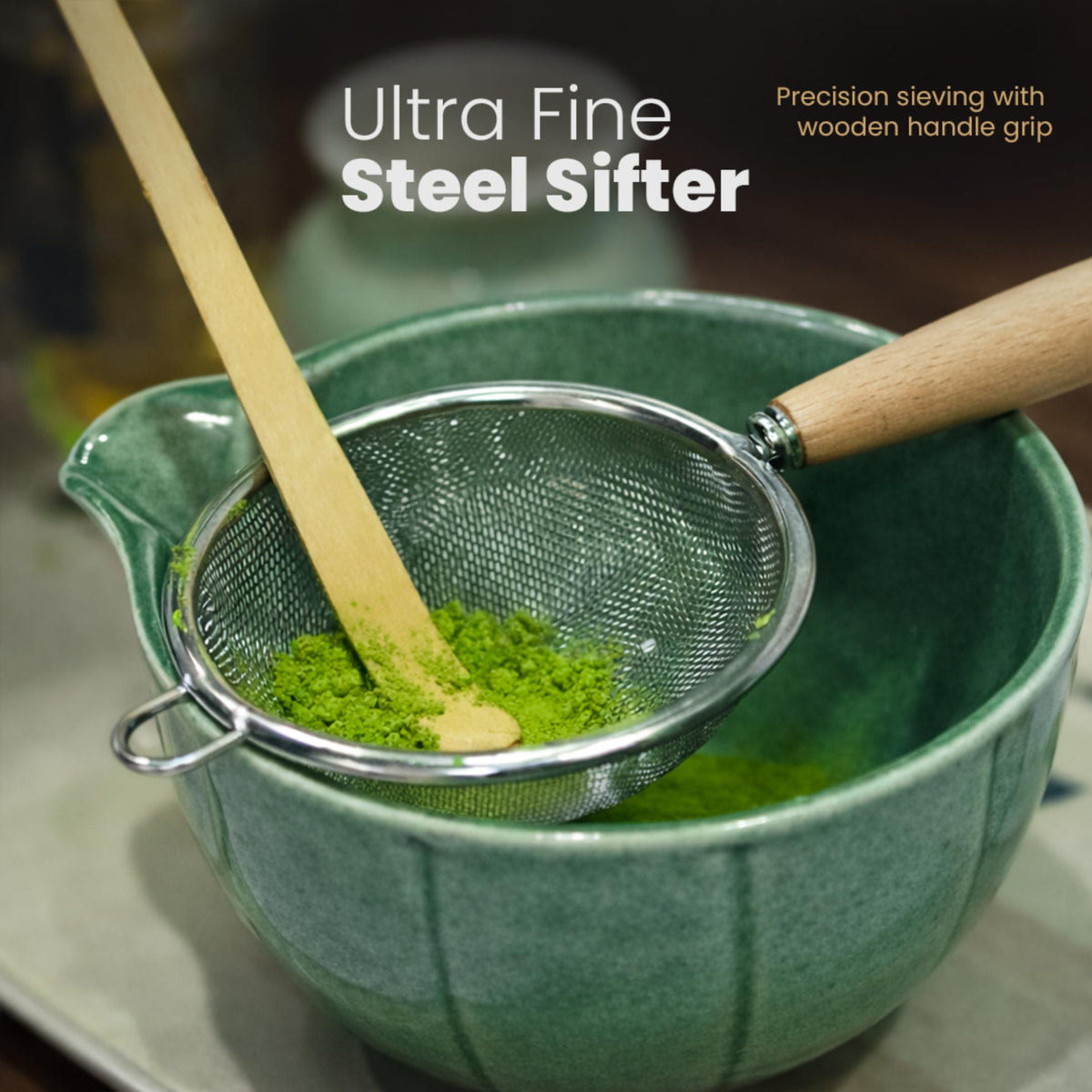 Taiba Essentials matcha sifter with wooden handle for clump-free mixing.
