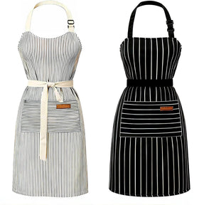 Taidven apron with black-brown stripe, front view and two pockets.