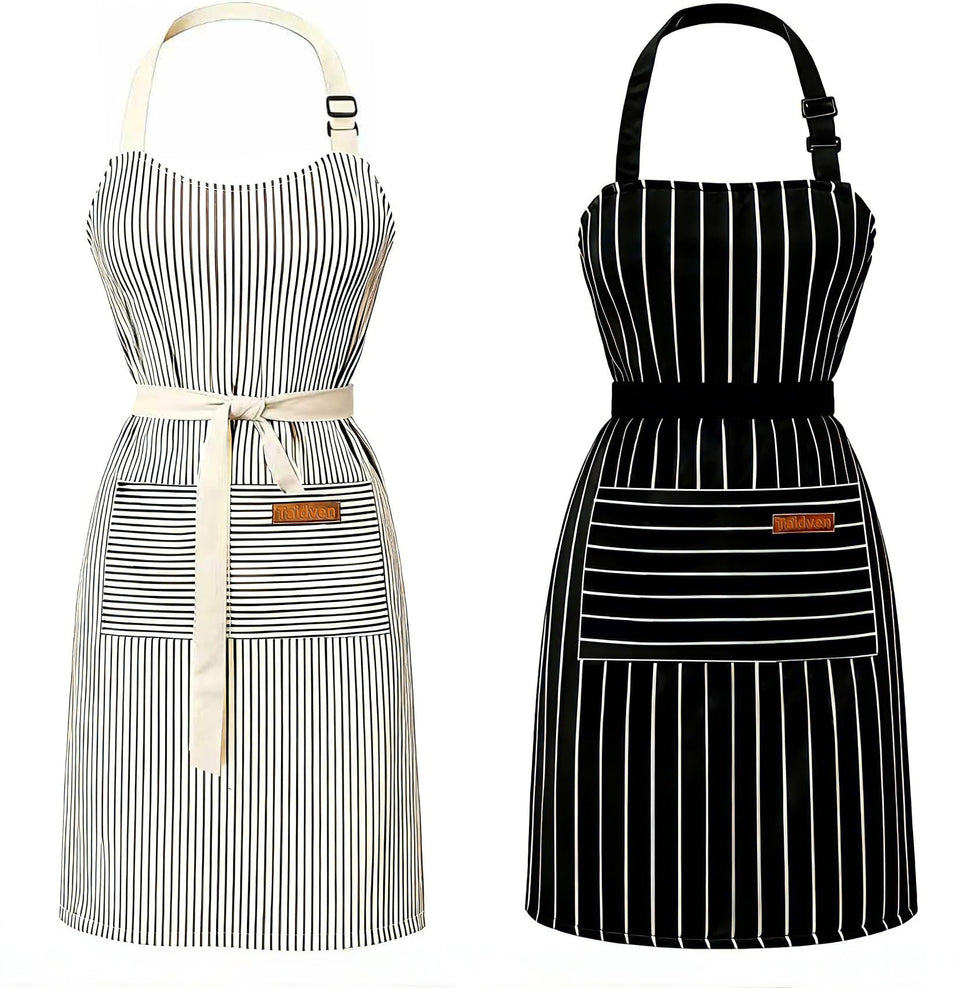Taidven apron with black-brown stripe, front view and two pockets.