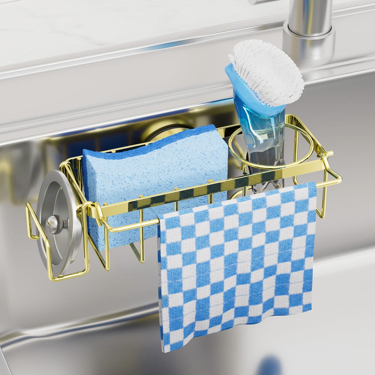 Taili 4-in-1 sink caddy keeps sponges within reach for easy cleanup.