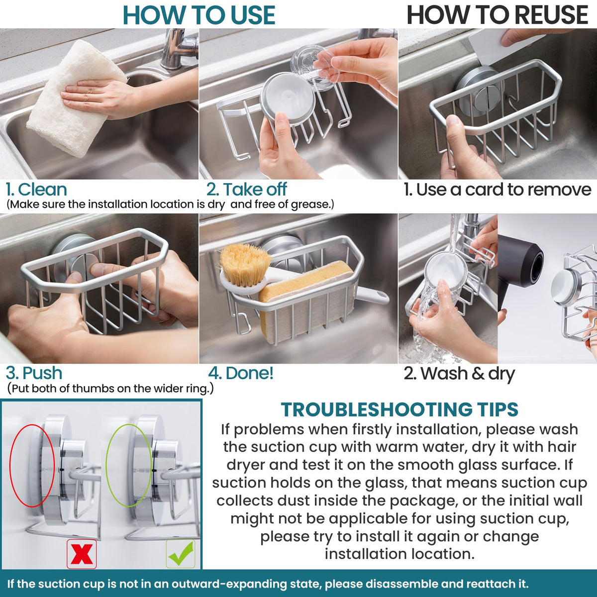 TAILI sponge holder is removable and reusable, repositioning without residue.