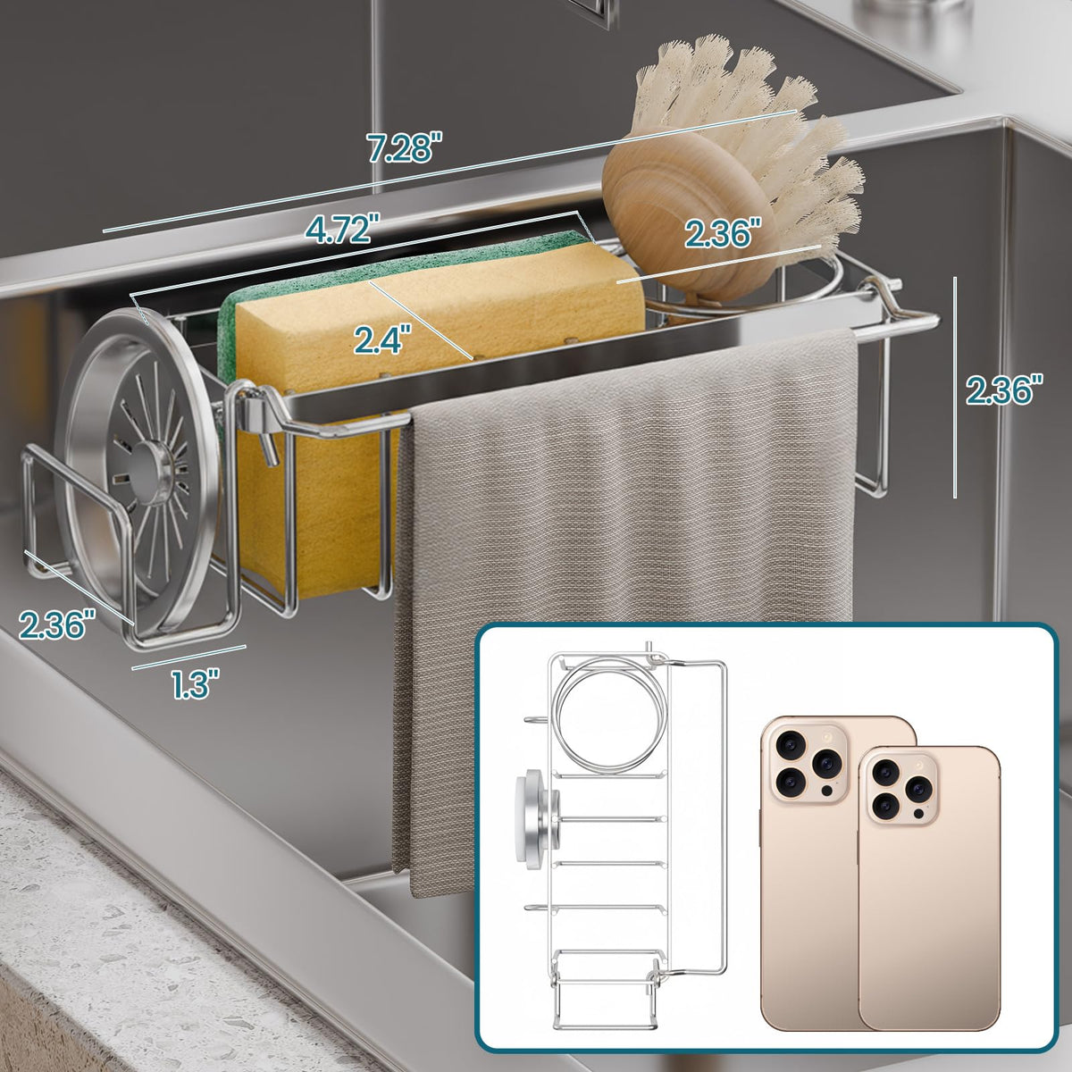 TAILI sink caddy all-in-one stores brushes, stoppers, and scrapers neatly.