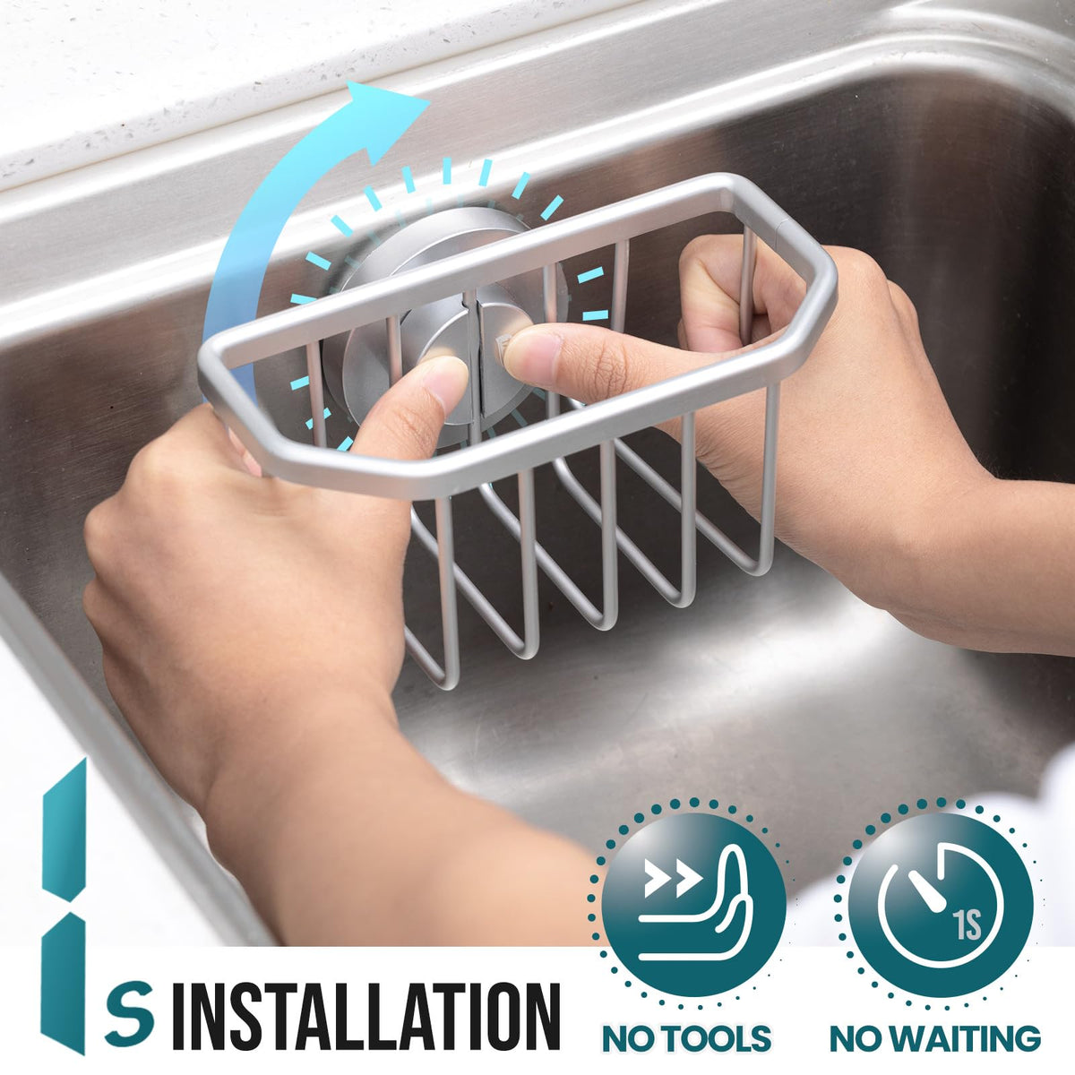 TAILI sink caddy in rustproof aluminum resists corrosion for long-lasting kitchen use.