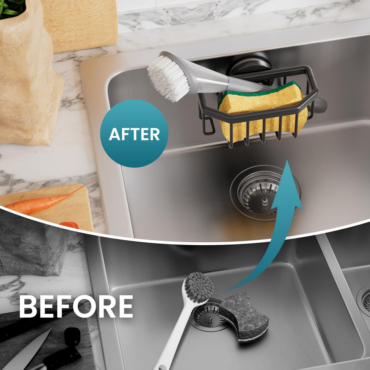 Compact TAILI holder saves counter space beside the sink