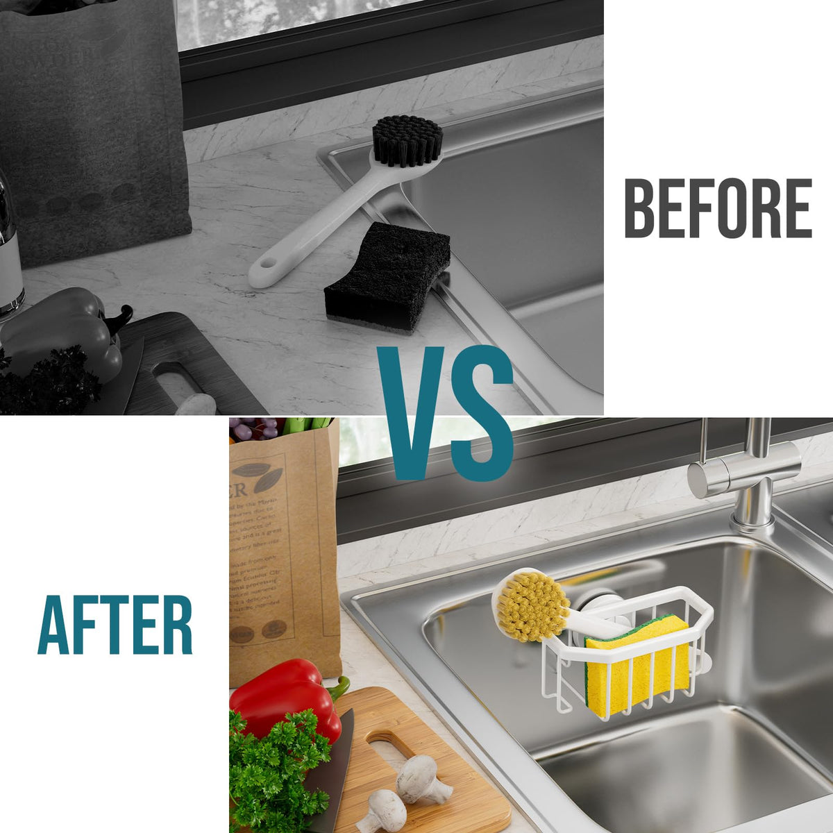 TAILI gold finish adds a quiet shine to the kitchen sink area.