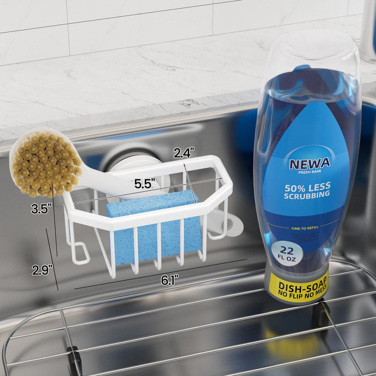 TAILI inside-sink placement keeps sponges organized and within reach.