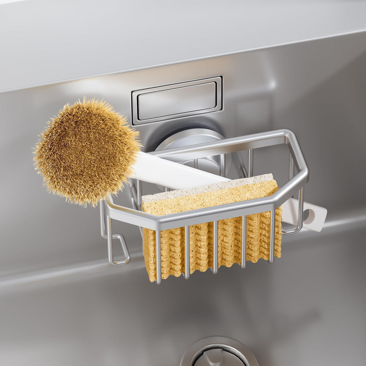 TAILI sponge holder on sink with strong suction, keeps sponge tidy and accessible.
