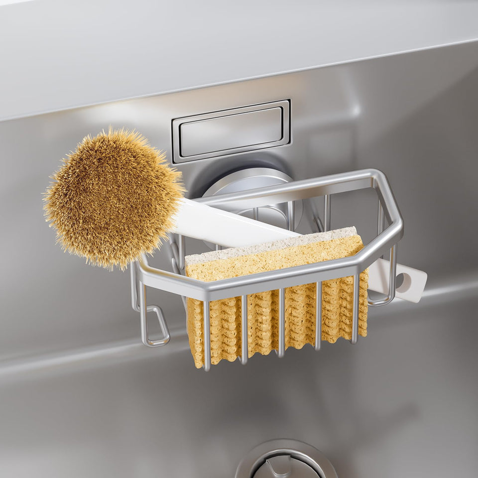 TAILI sponge holder on sink with strong suction, keeps sponge tidy and accessible.