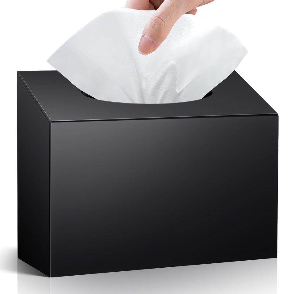 TAINESS acrylic hand towel box cover with Kleenex disposable towels keeps a tidy dispenser.