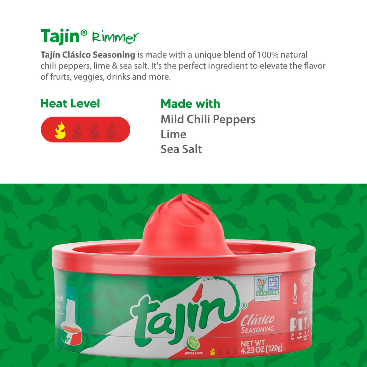 Tajin Clásico rimmer on Bloody Mary rim with savory chile-lime contrast.