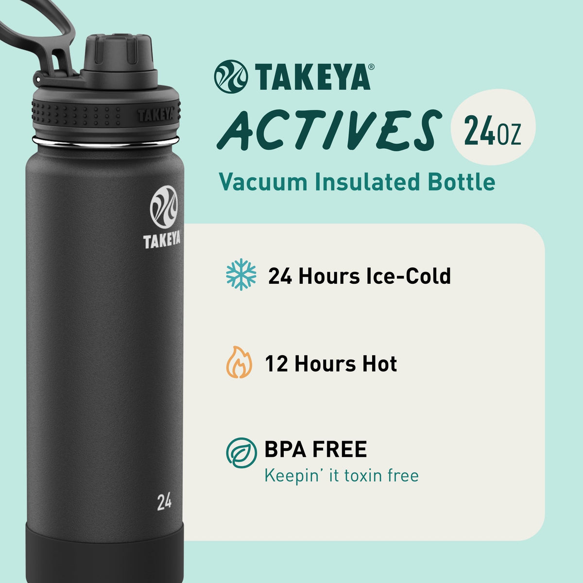Takeya Actives insulated spout lid highlights spill-proof design.