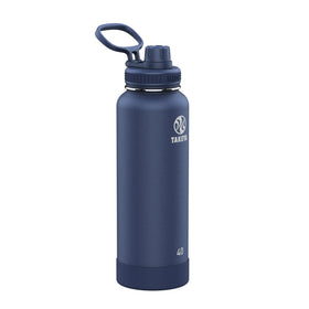 Takeya Actives water bottle front view in midnight blue, ideal for gym and travel