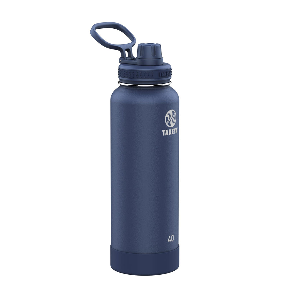 Takeya Actives water bottle front view in midnight blue, ideal for gym and travel
