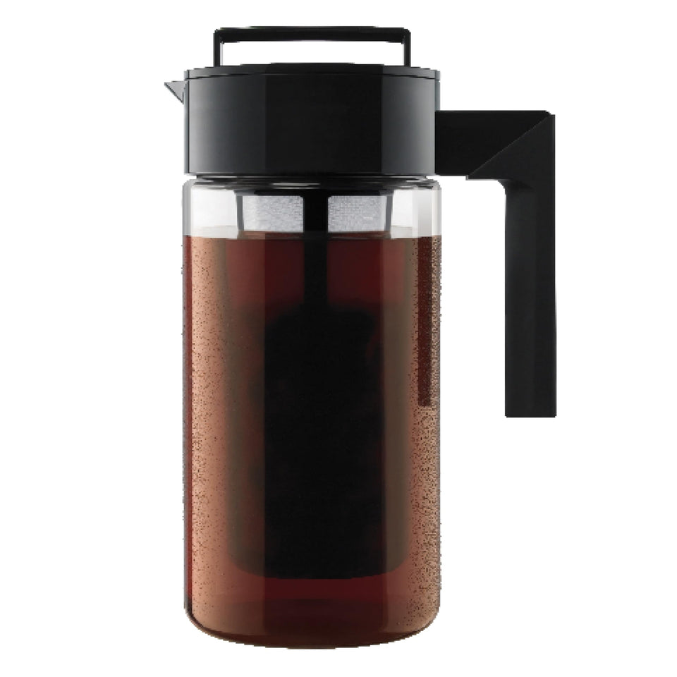 Takeya Deluxe Cold Brew 1 Qt black bottle shows smooth, less acidic coffee at home.