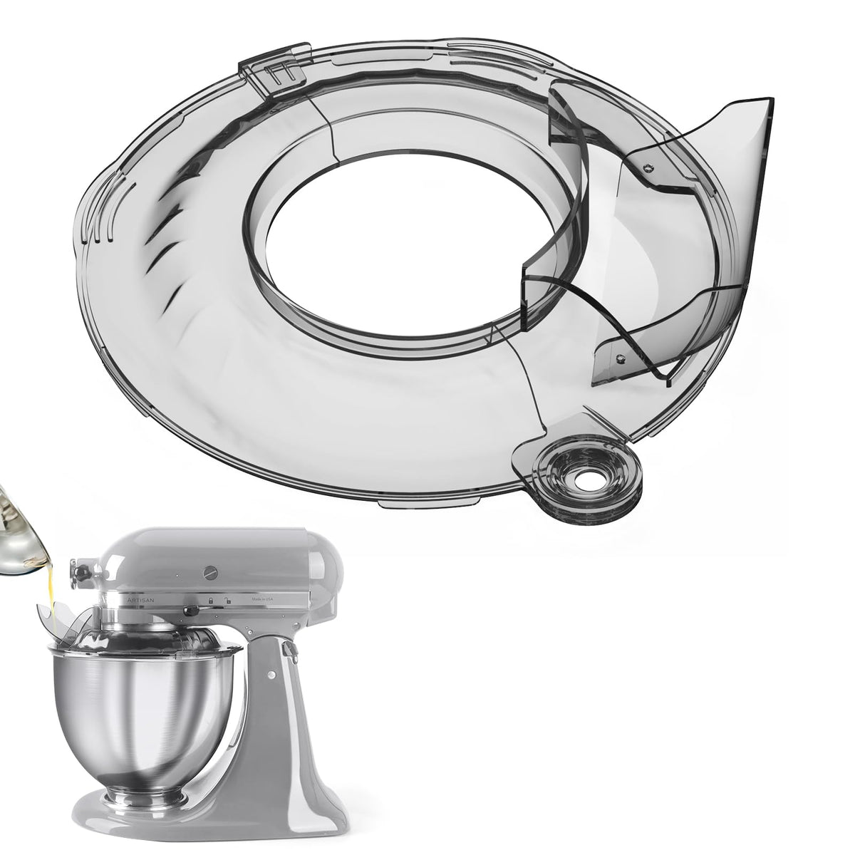 Taladad transparent grey pouring shield on KitchenAid tilt-head bowl for cleaner mixing