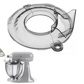 Taladad transparent grey pouring shield on KitchenAid tilt-head bowl for cleaner mixing