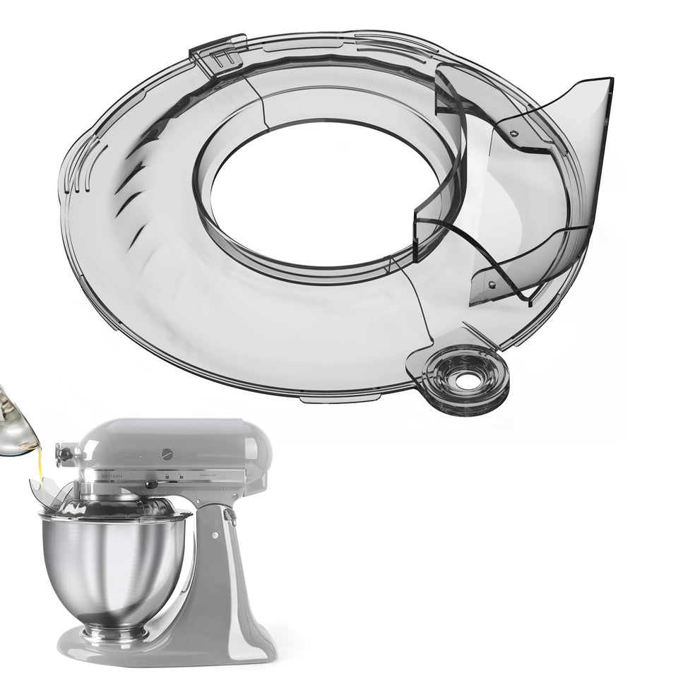 Taladad transparent grey pouring shield on KitchenAid tilt-head bowl for cleaner mixing