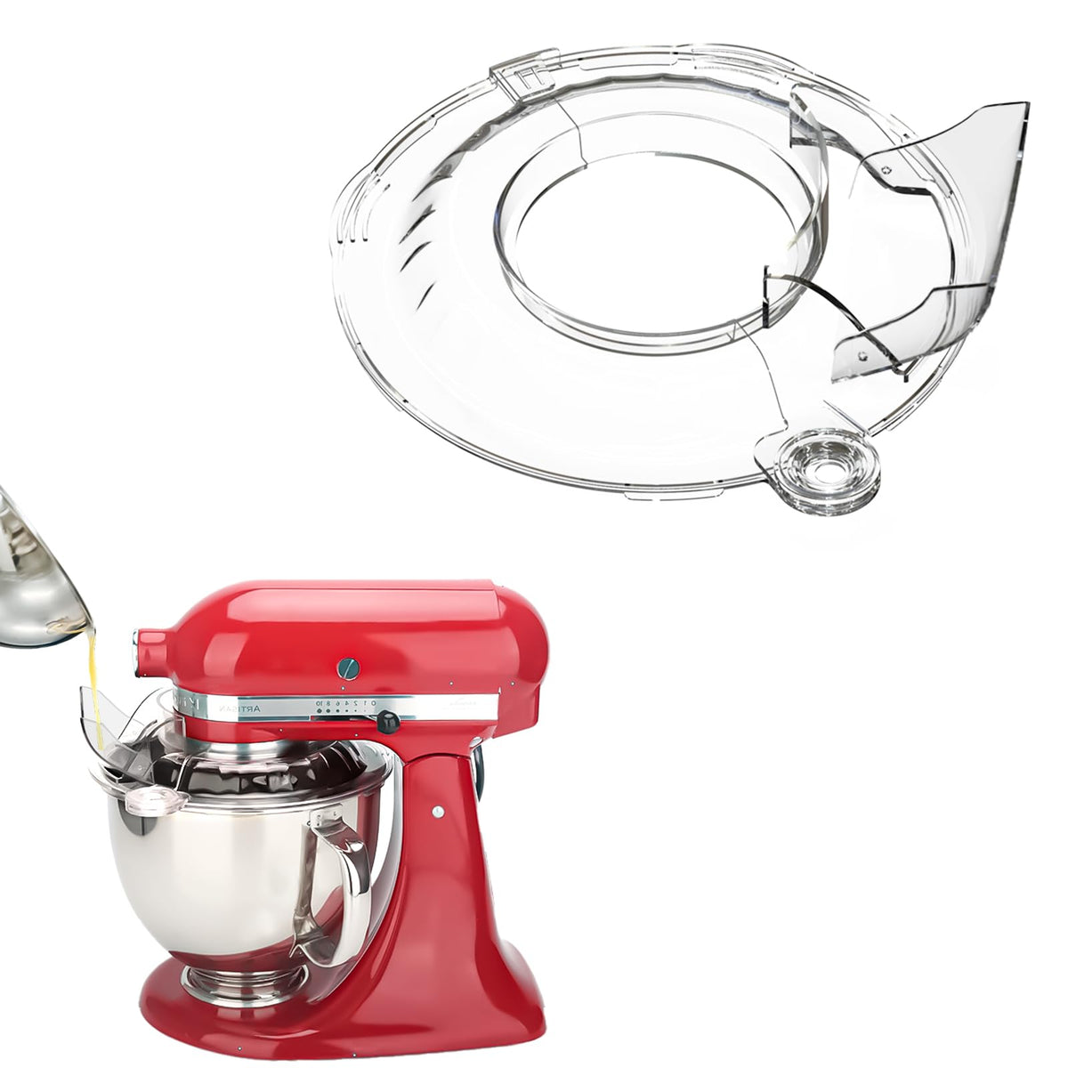 Taladad pouring shield on KitchenAid tilt-head shows clean mixing with reduced splashes.