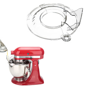 Taladad pouring shield on KitchenAid tilt-head shows clean mixing with reduced splashes.