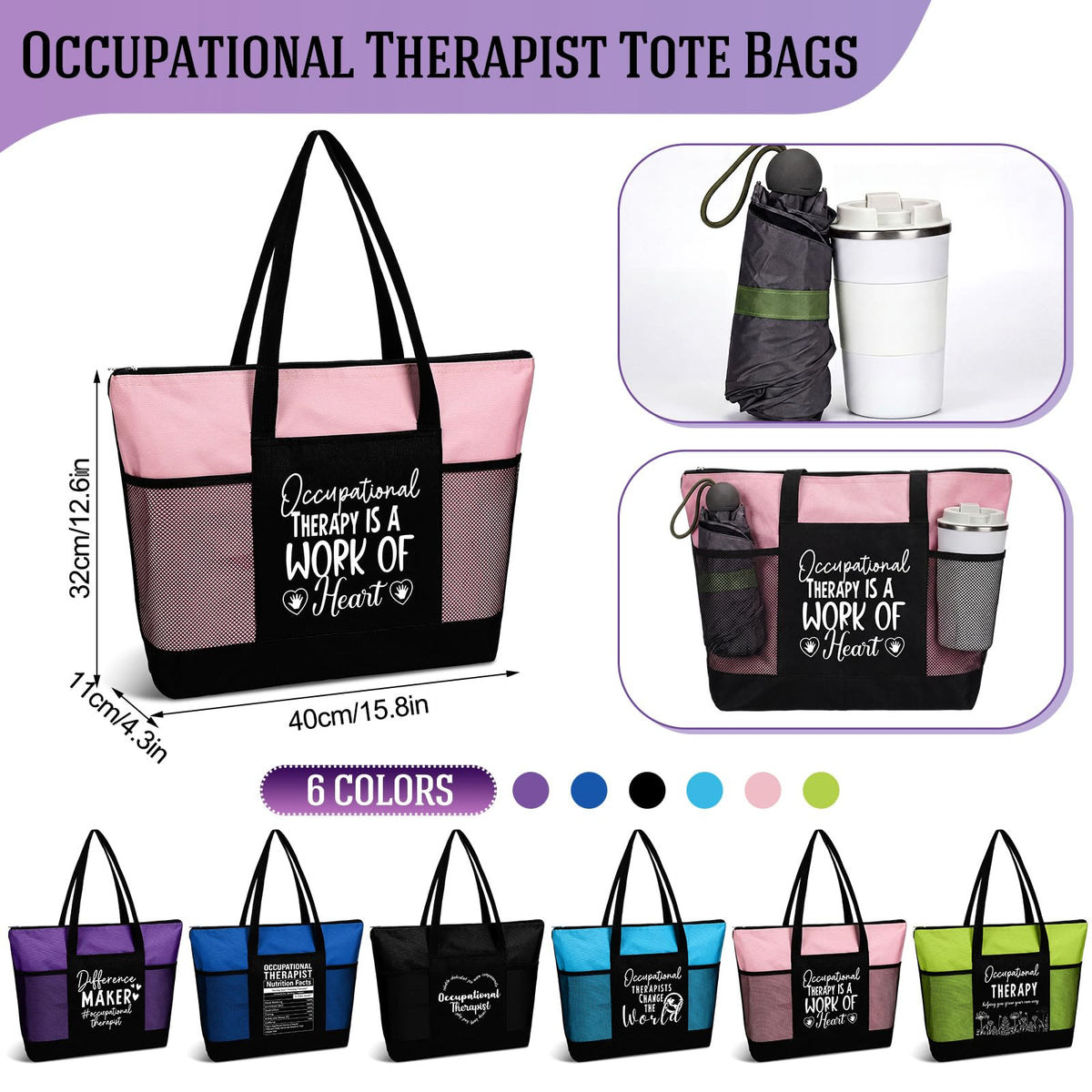 Tallew tote features mesh pocket for organization on the go.