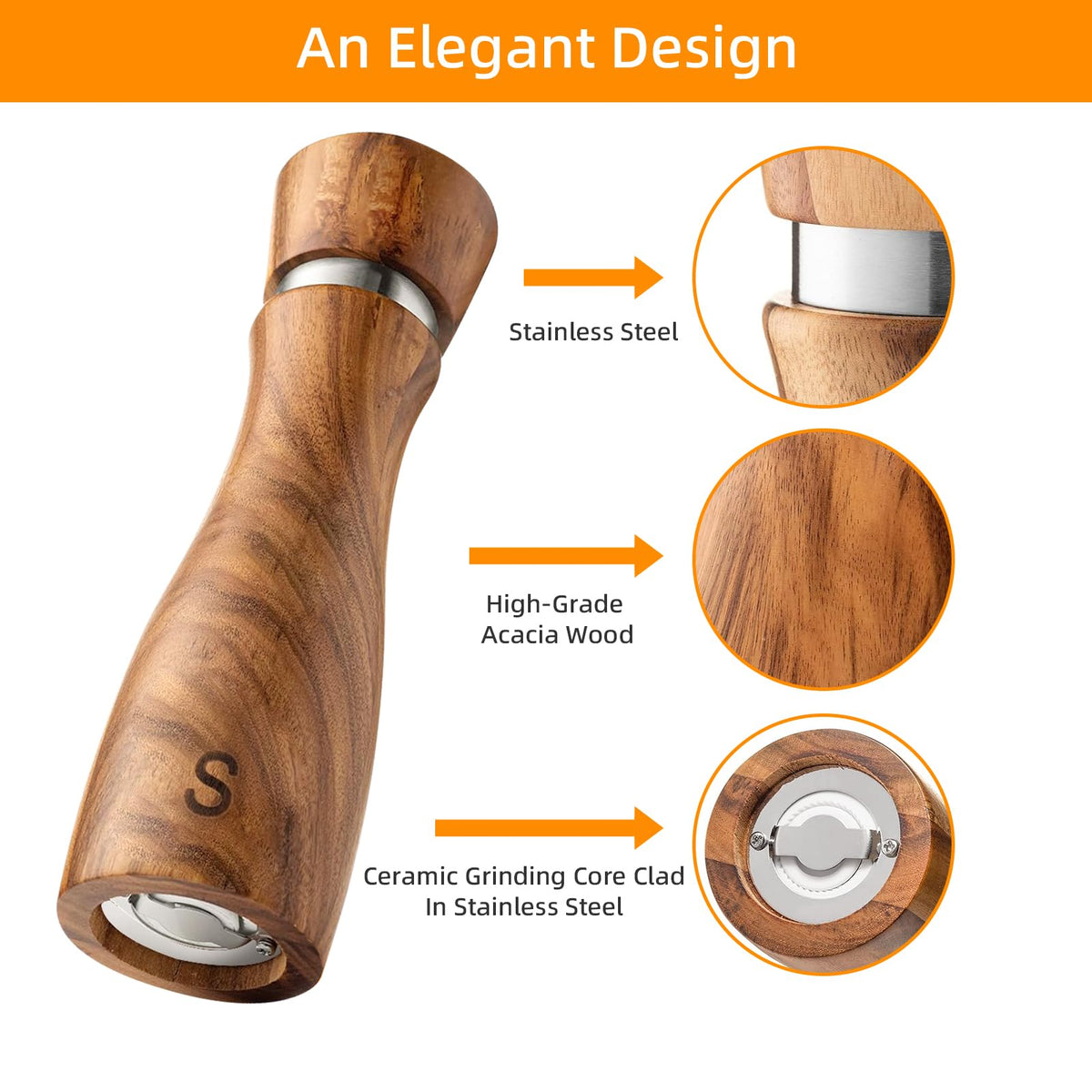 TanAndLin pepper grinder showing adjustable coarseness knob in action