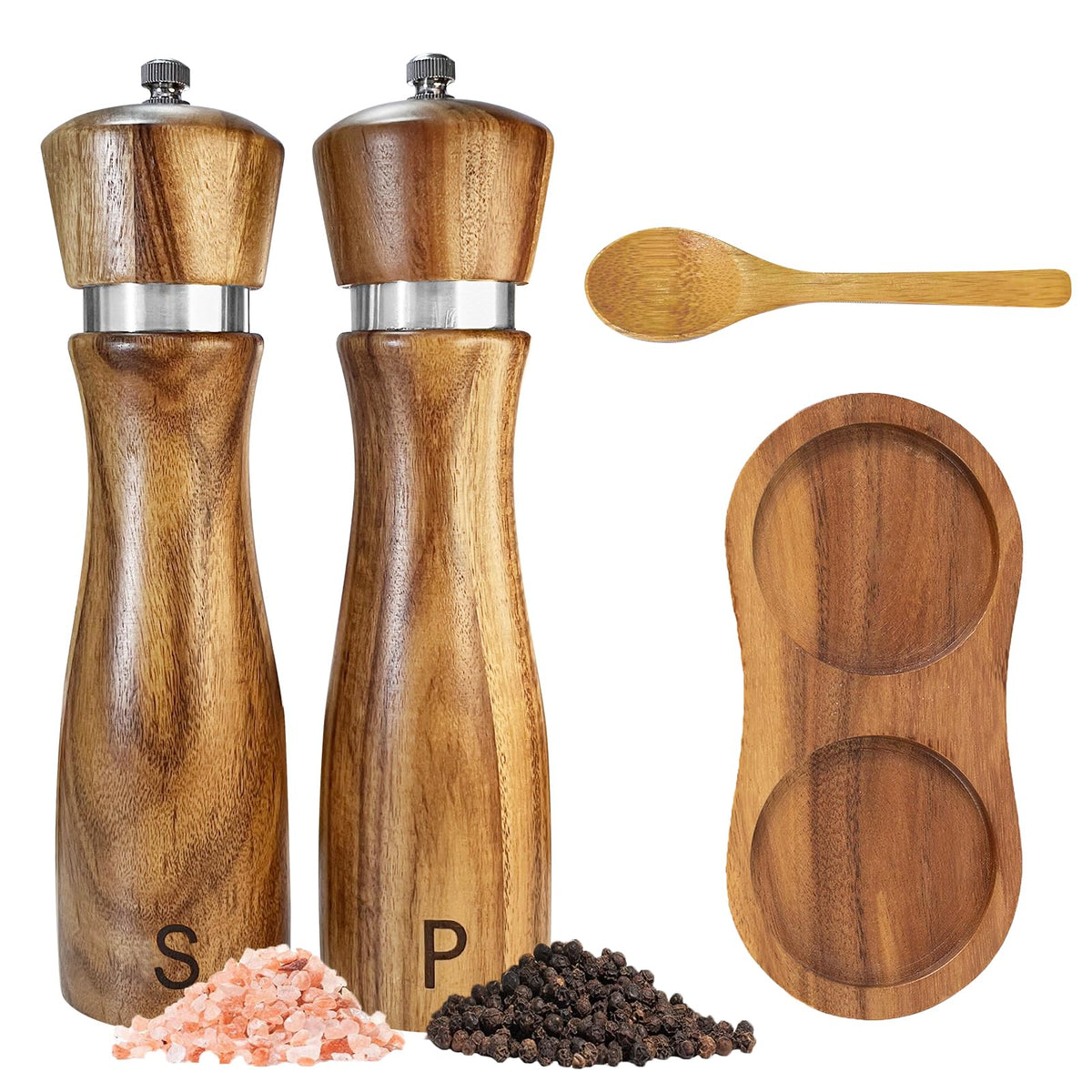 TanAndLin wooden salt and pepper grinder set in natural acacia wood for daily seasoning