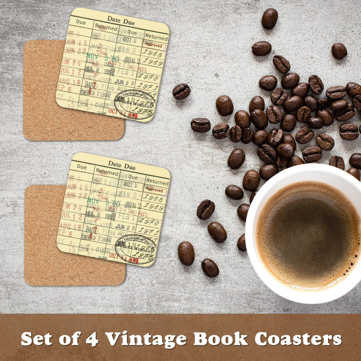 Tanfeine square edge coaster size of 9 by 9 cm fits most cups on a clean table