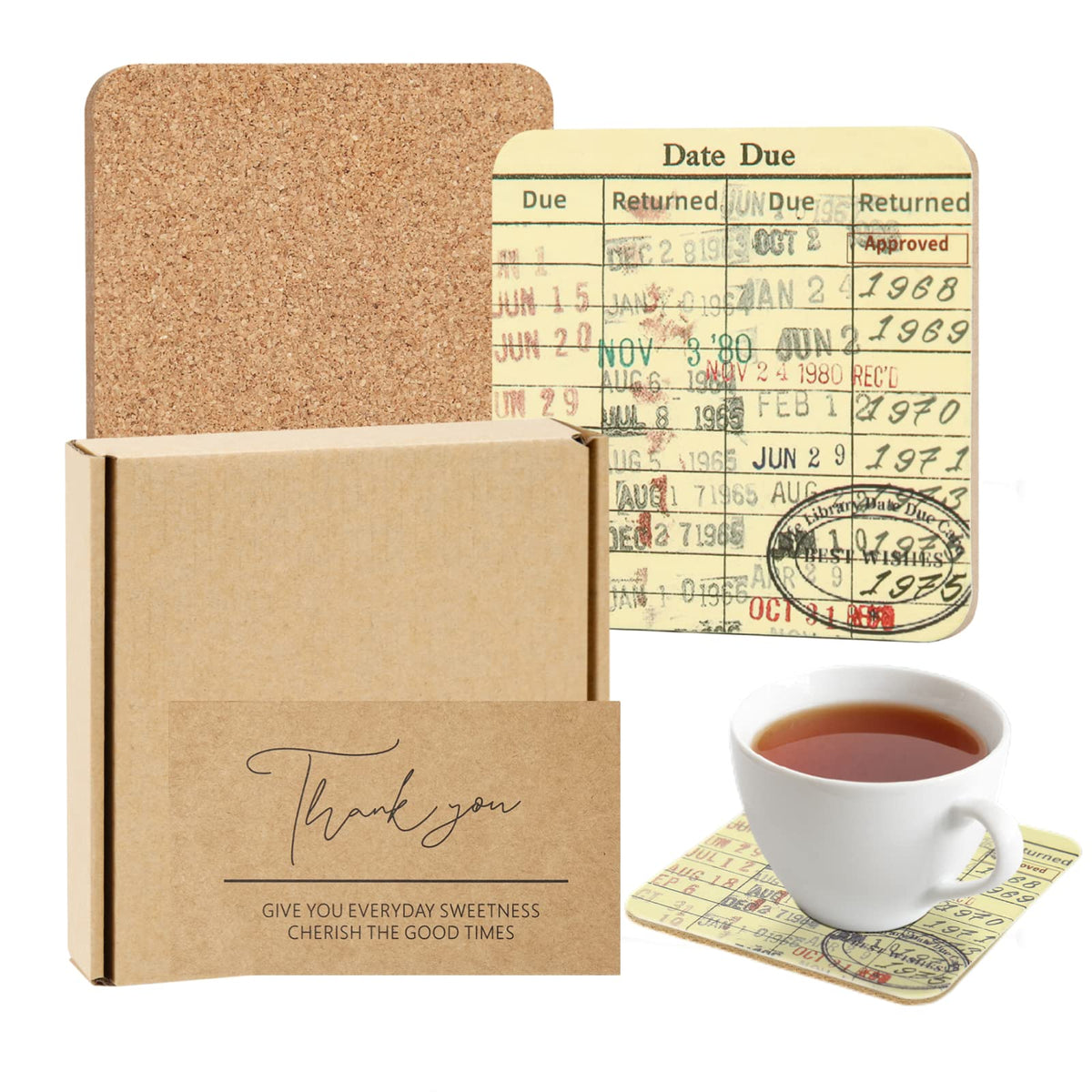 Tanfeine vintage library coaster set close up showing wood grain and library card motif for nostalgic desk decor
