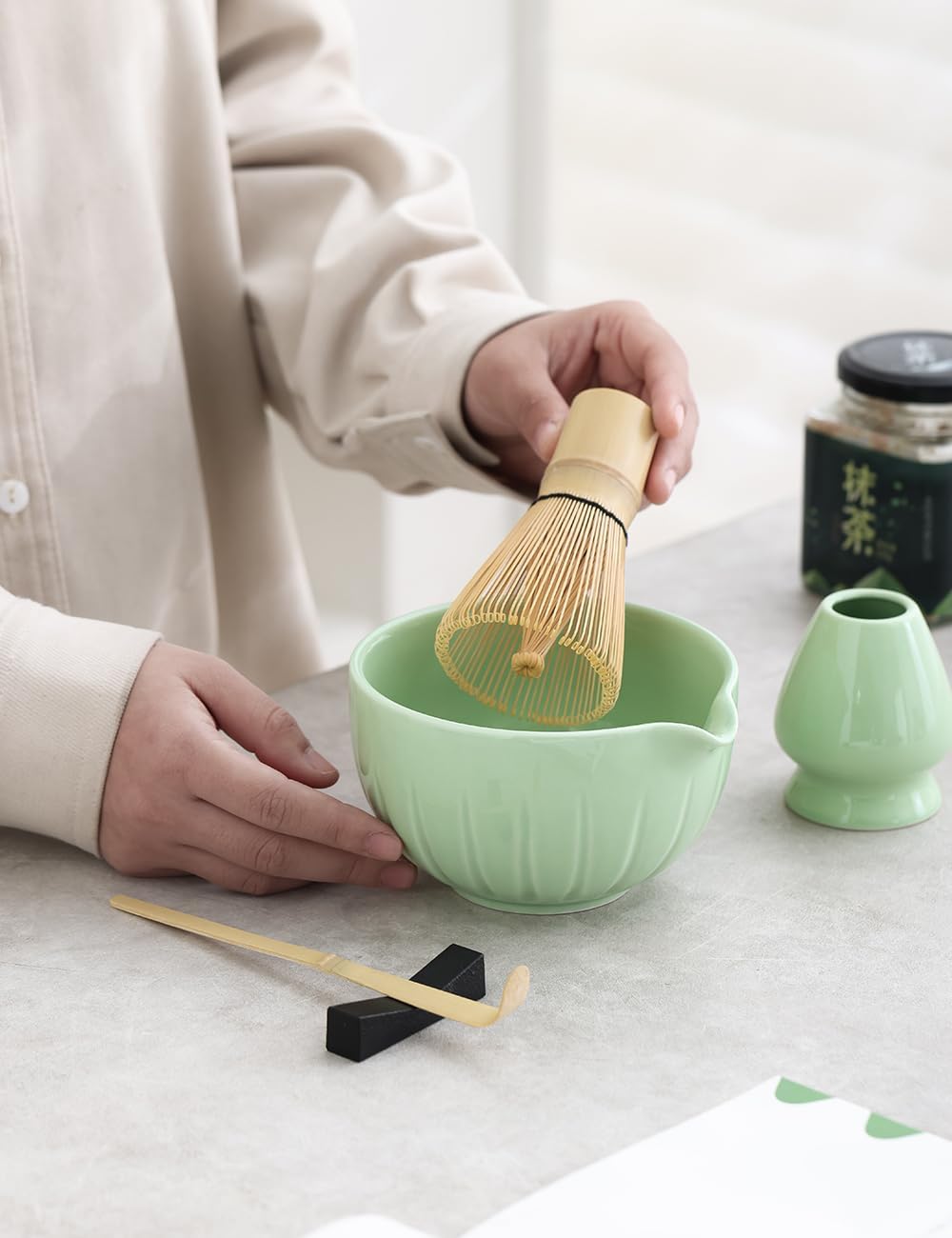 TANG PIN Matcha Set vertical-pattern bowl enhances ceremony aesthetic