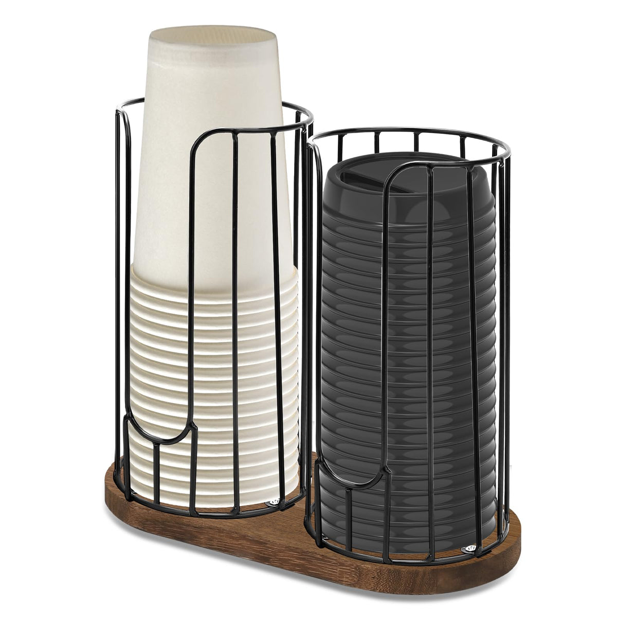 Tanggiteck 2-compartment dispenser with wood base stores coffee cups neatly.