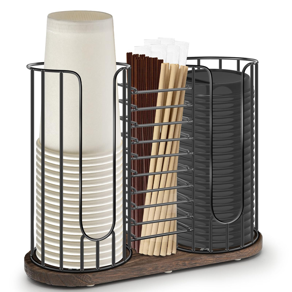 Tanggiteck 3-compartment dispenser keeps cups, lids, and small items organized on the counter.