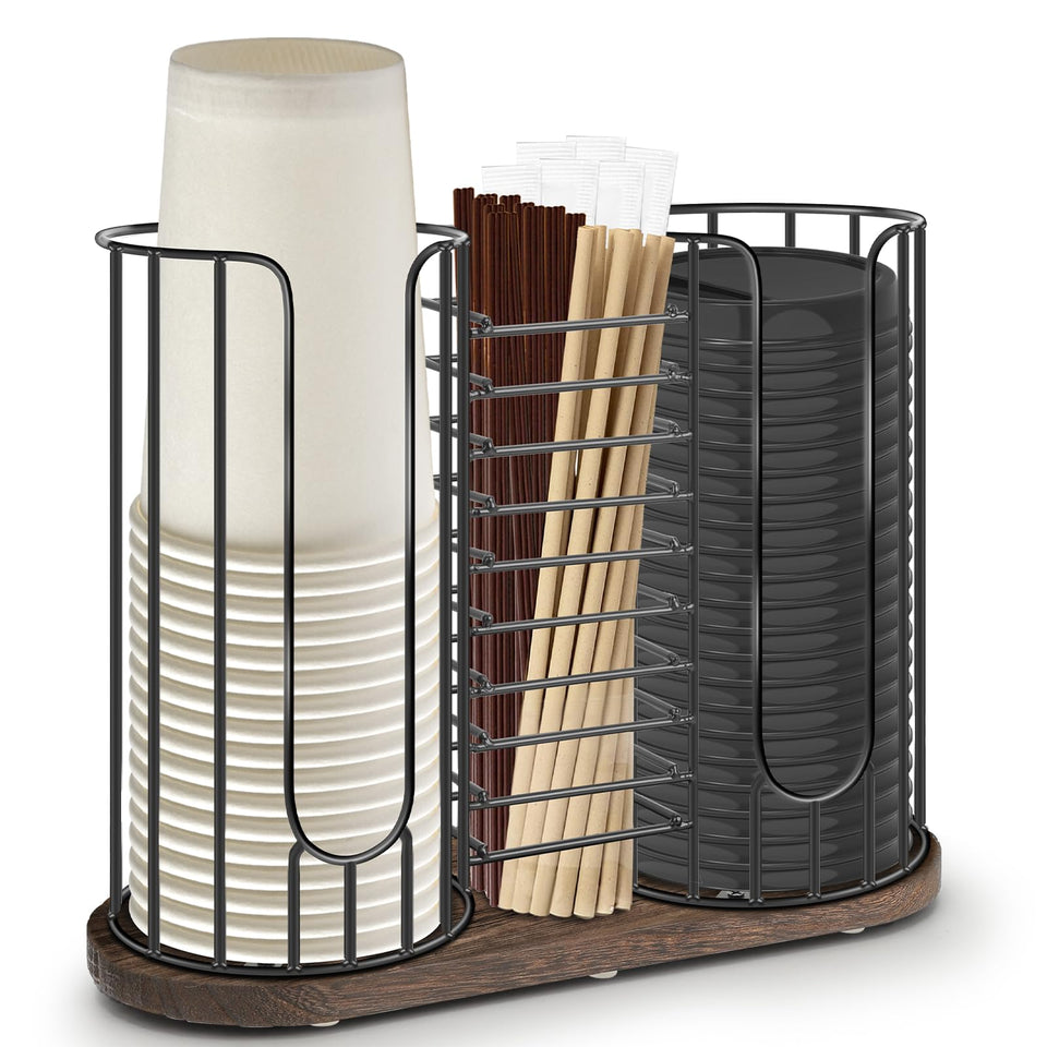 Tanggiteck 3-compartment dispenser keeps cups, lids, and small items organized on the counter.