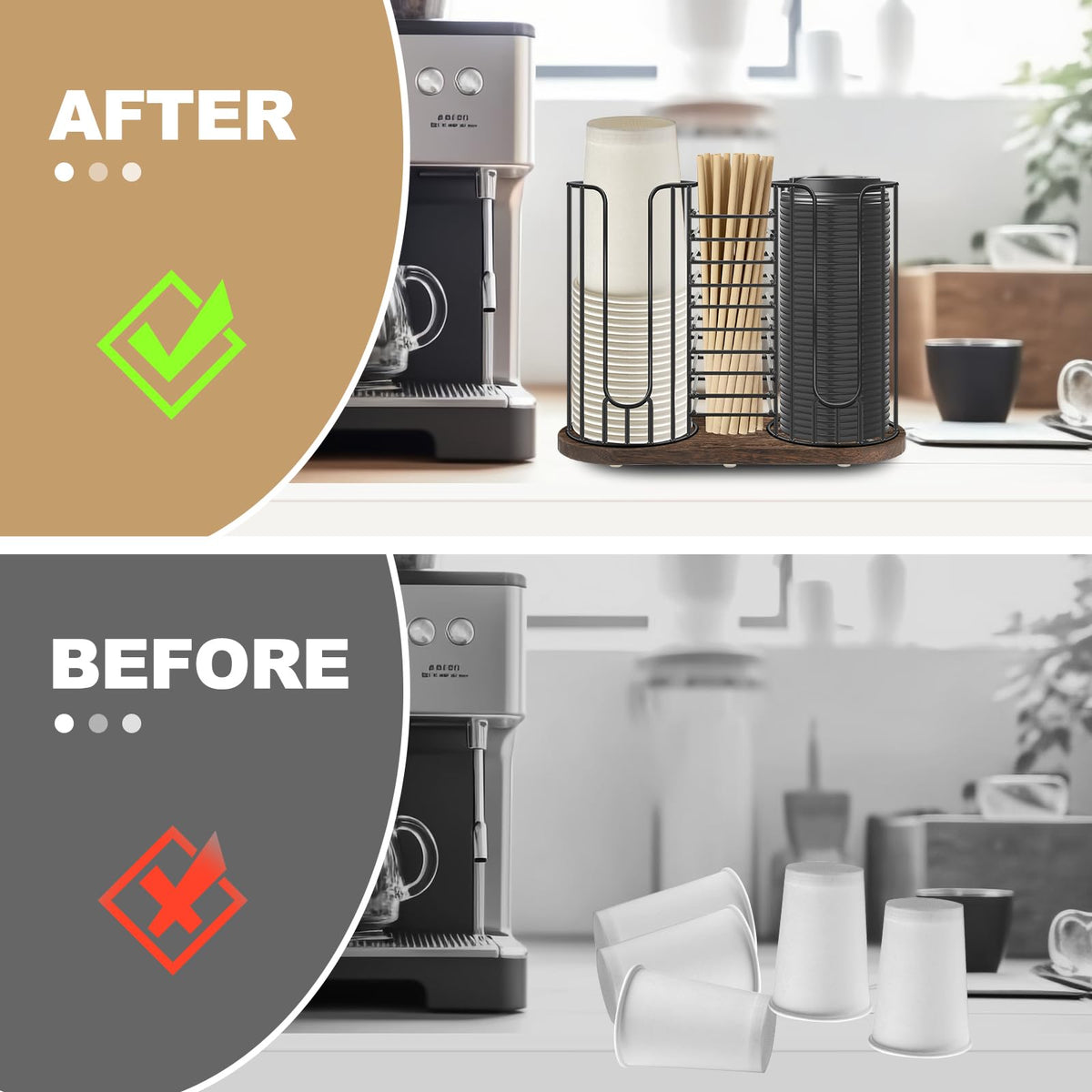 Tanggiteck countertop organization keeps cups and accessories neatly within reach.