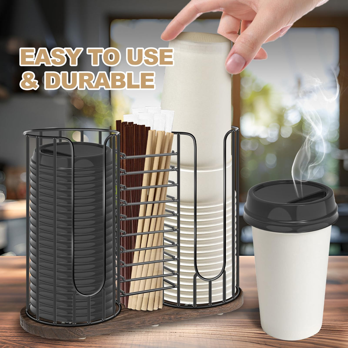 Tanggiteck wood base adds stability and a warm farmhouse touch to your counter.