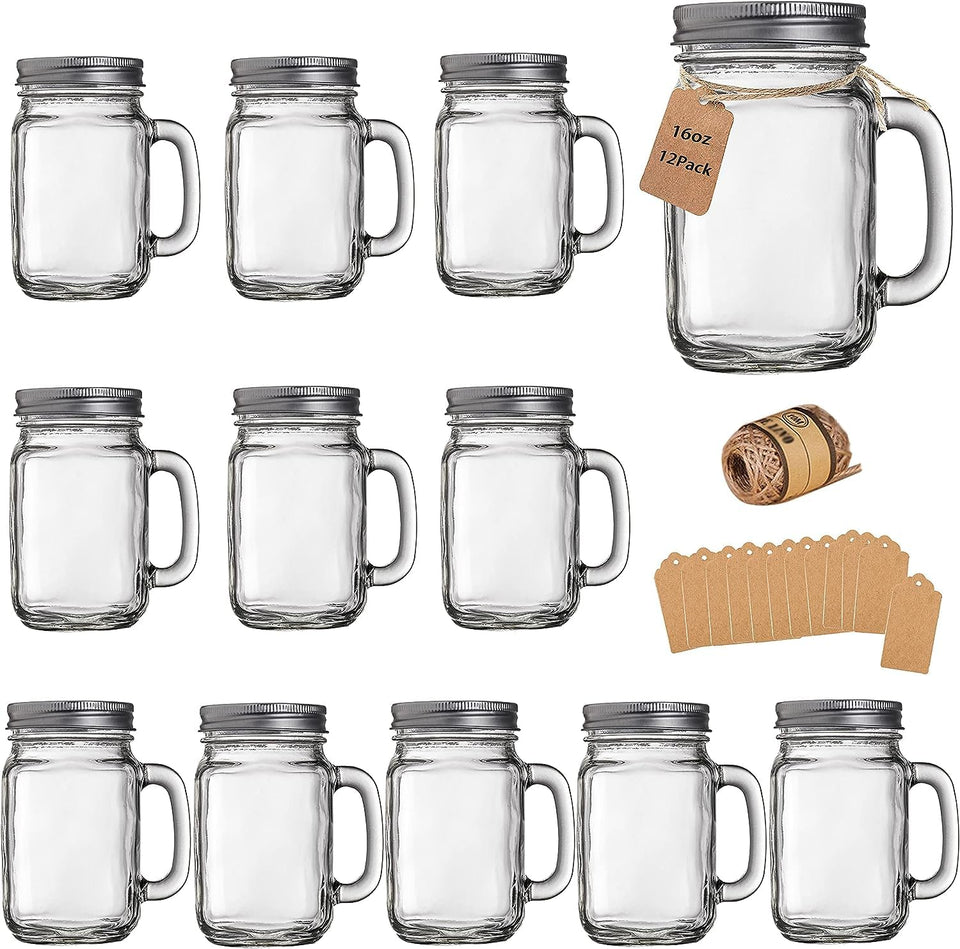 TANGLONG 16 oz mason jar cups with handles and lids for easy on-the-go sipping.