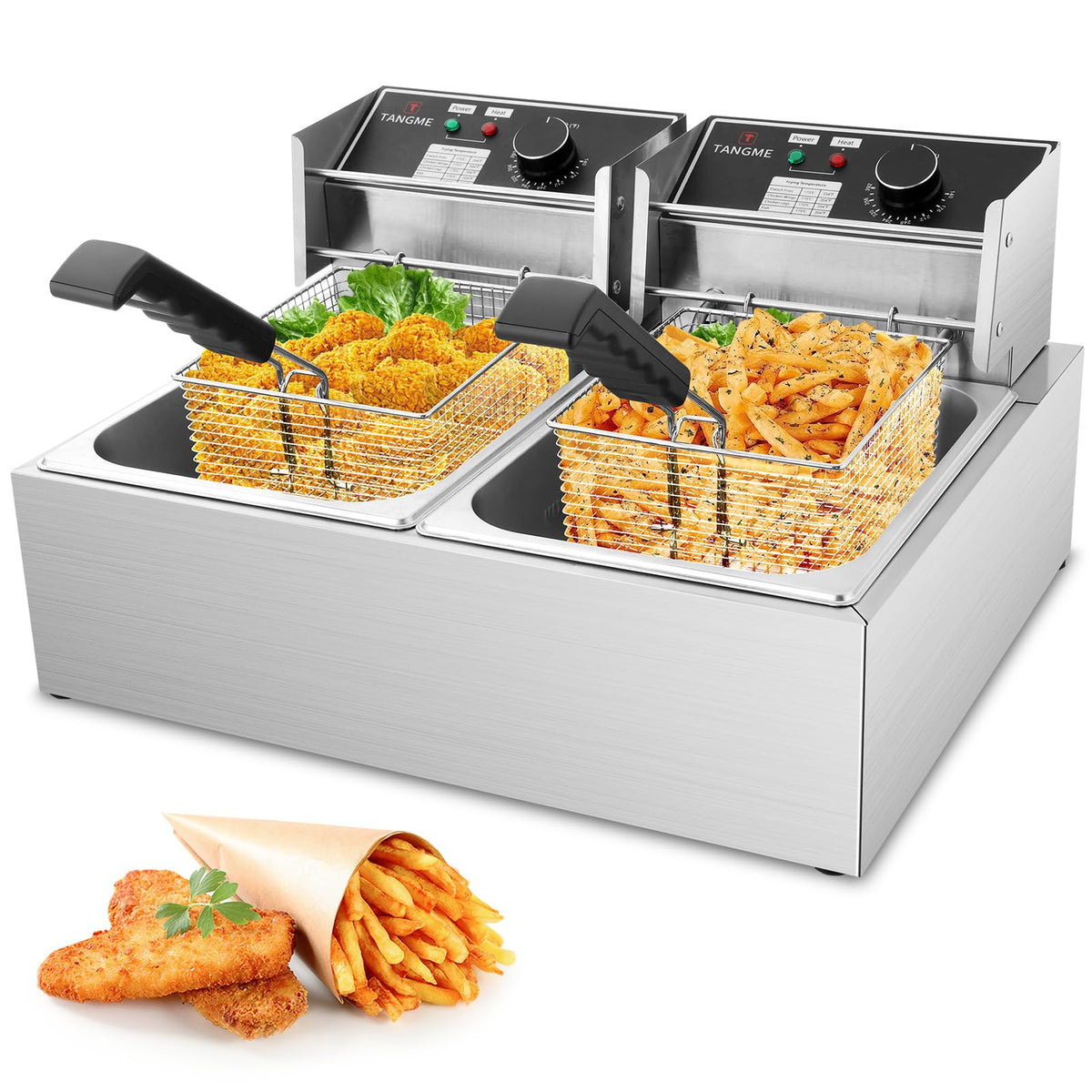 TangMe commercial deep fryer dual-basin in stainless steel for high-volume kitchens