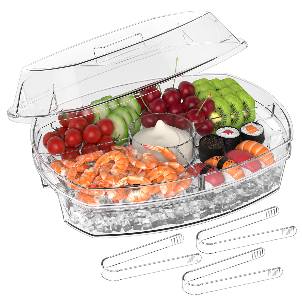 Tangyinus ice chilled party platter full view with lid for easy serving.