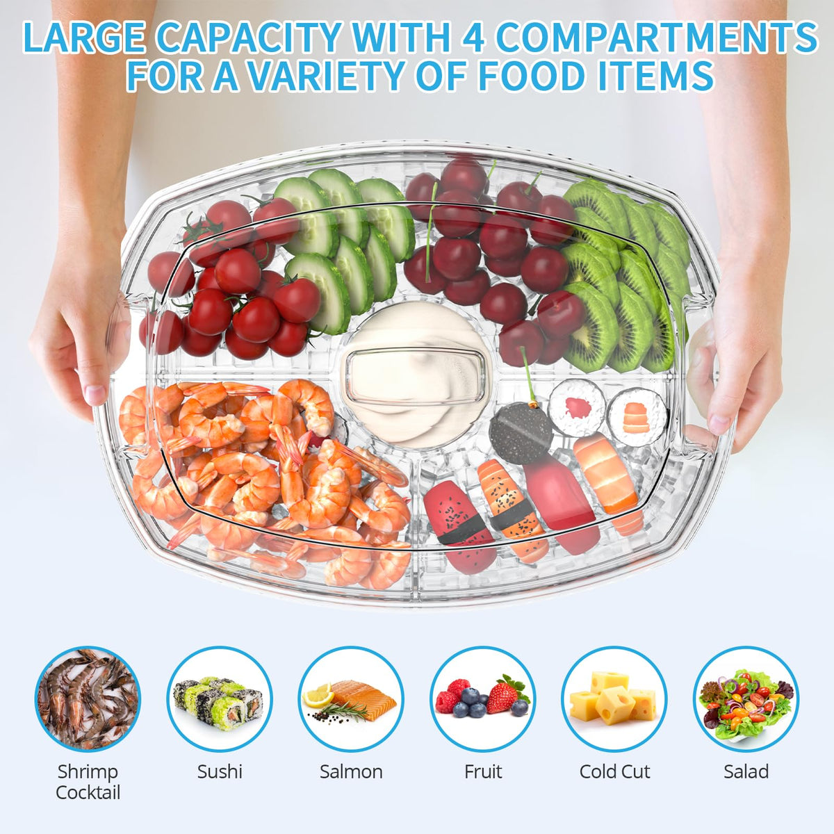 Large capacity Tangyinus platter holds cold cuts, sushi, and finger foods.