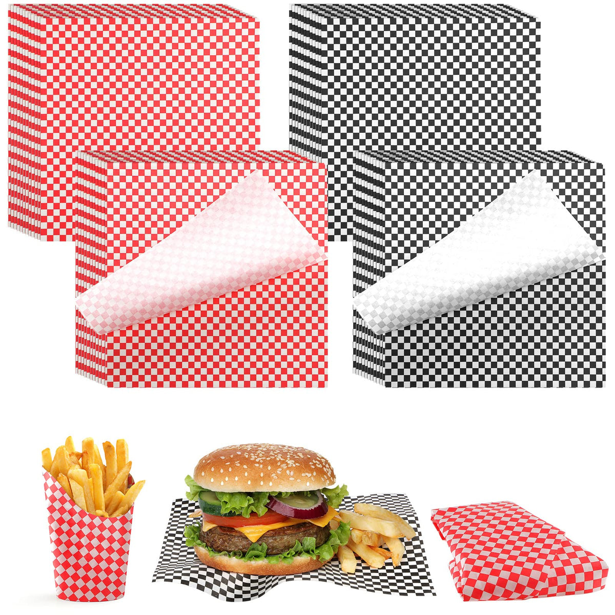 Tanlade deli paper sheets 12x12 black checkered pattern, grease resistant for neat packaging.